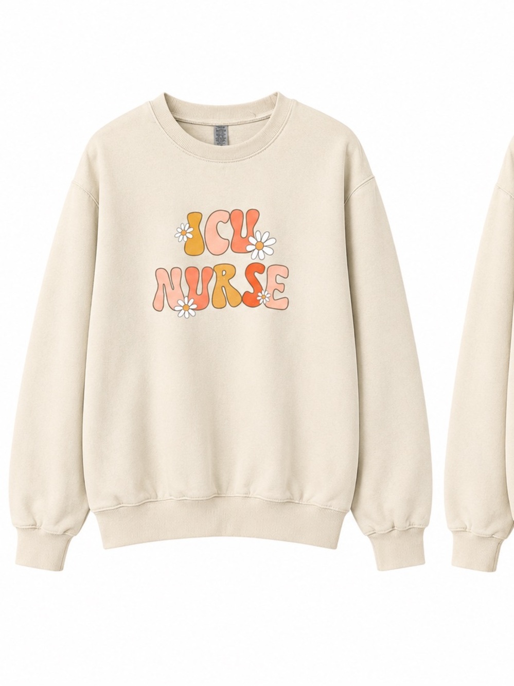 Gildan Beige Crewneck Sweatshirt with Retro Orange & Pink Nurse Graphic